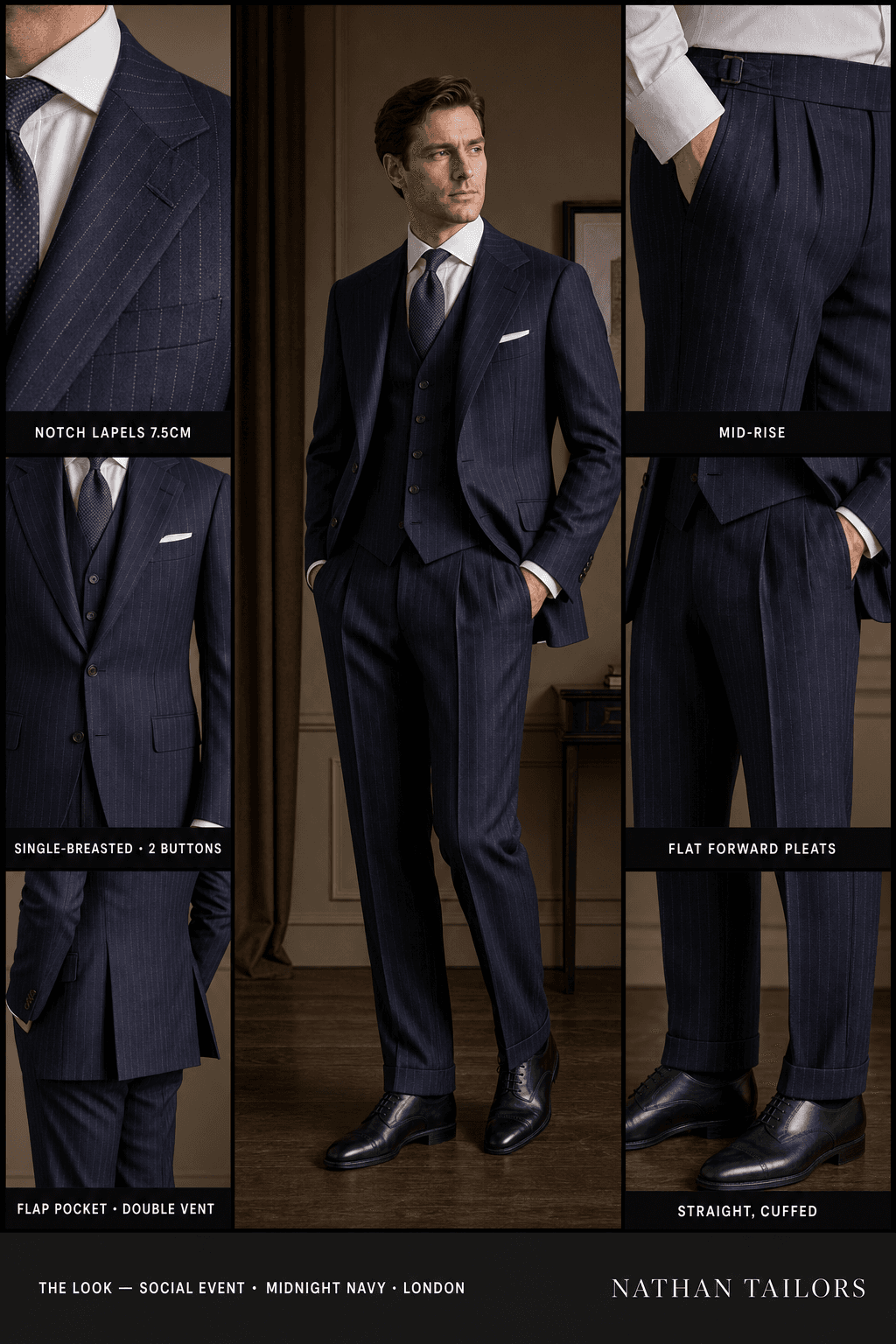 midnight navy single-breasted notch-lapel bespoke suit — AI-rendered by Nathan Tailors, the Hoi An custom tailor. Available as a custom tailored suit from $129.