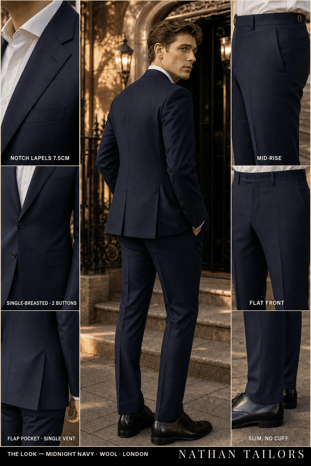 midnight navy single-breasted notch-lapel bespoke suit — AI-rendered by Nathan Tailors, the Hoi An custom tailor. Available as a custom tailored suit from $149.