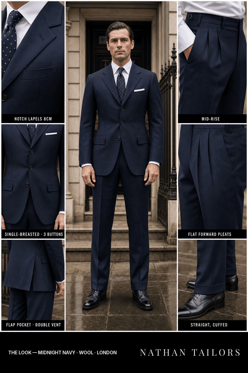 midnight navy single-breasted notch-lapel bespoke suit — AI-rendered by Nathan Tailors, the Hoi An custom tailor. Available as a custom tailored suit from $149.