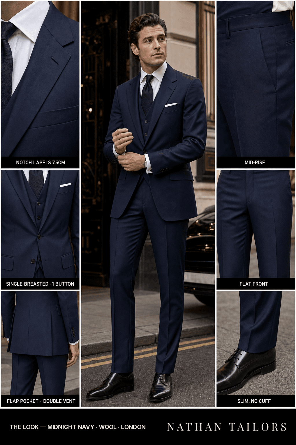 midnight navy single-breasted notch-lapel bespoke suit — AI-rendered by Nathan Tailors, the Hoi An custom tailor. Available as a custom tailored suit from $149.