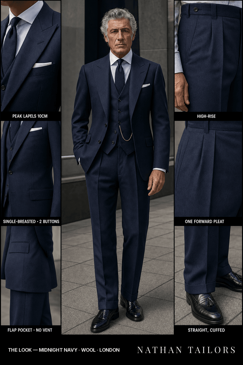 midnight navy single-breasted suit — Nathan Tailors Hoi An tailor Atelier render