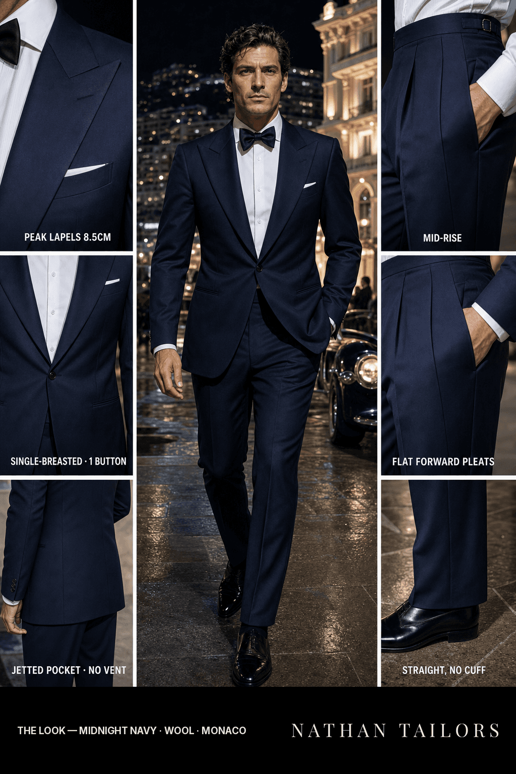 midnight navy single-breasted peak-lapel bespoke suit — AI-rendered by Nathan Tailors, the Hoi An custom tailor. Available as a custom tailored suit from $149.