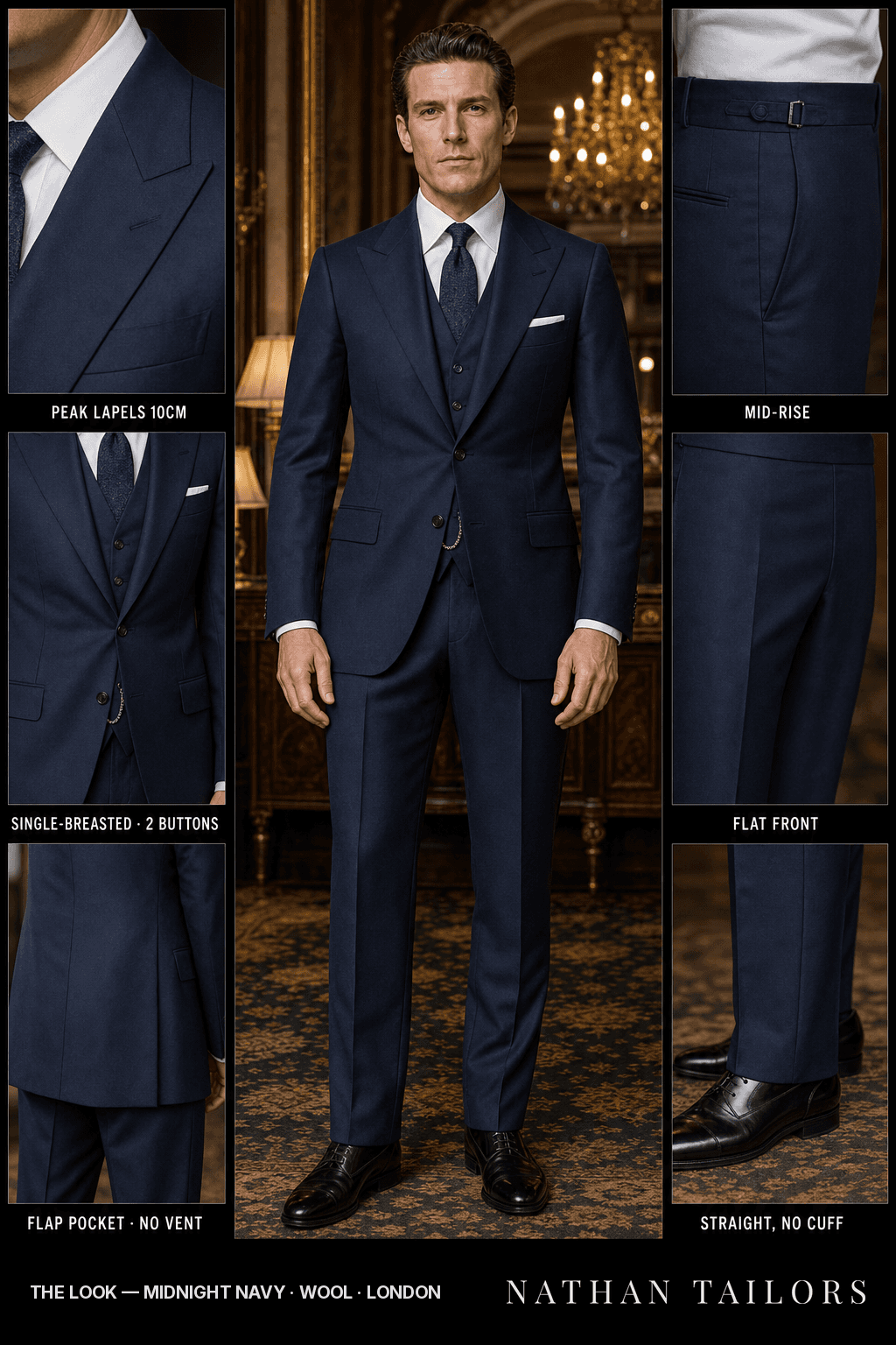 midnight navy single-breasted suit — Nathan Tailors Hoi An tailor Atelier render