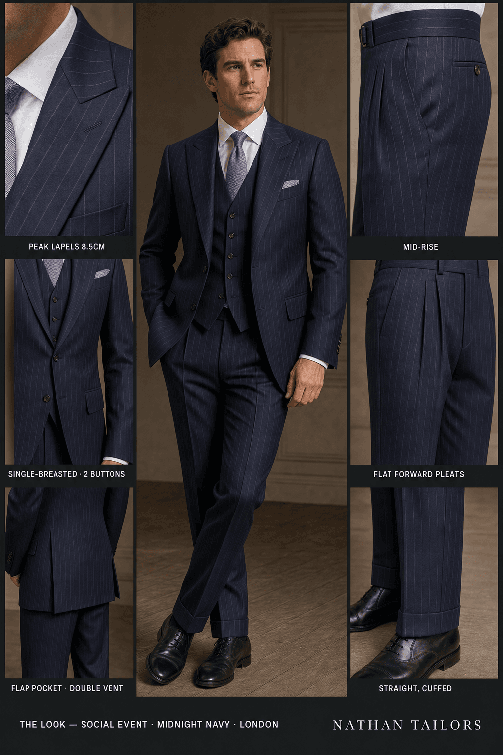 midnight navy single-breasted peak-lapel bespoke suit — AI-rendered by Nathan Tailors, the Hoi An custom tailor. Available as a custom tailored suit from $129.