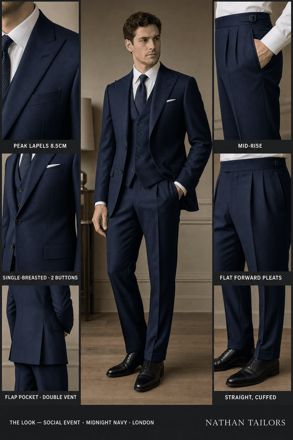midnight navy single-breasted peak-lapel bespoke suit — AI-rendered by Nathan Tailors, the Hoi An custom tailor. Available as a custom tailored suit from $129.