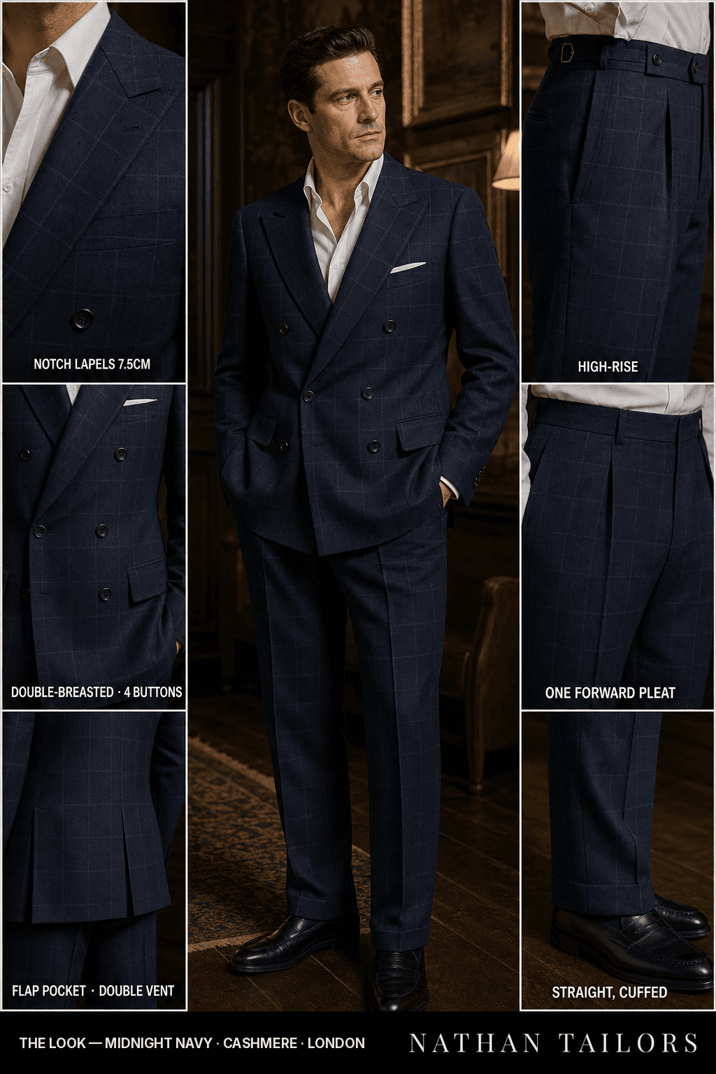 midnight navy windowpane double-breasted bespoke suit — custom tailored by Nathan Tailors, the Hoi An custom tailor