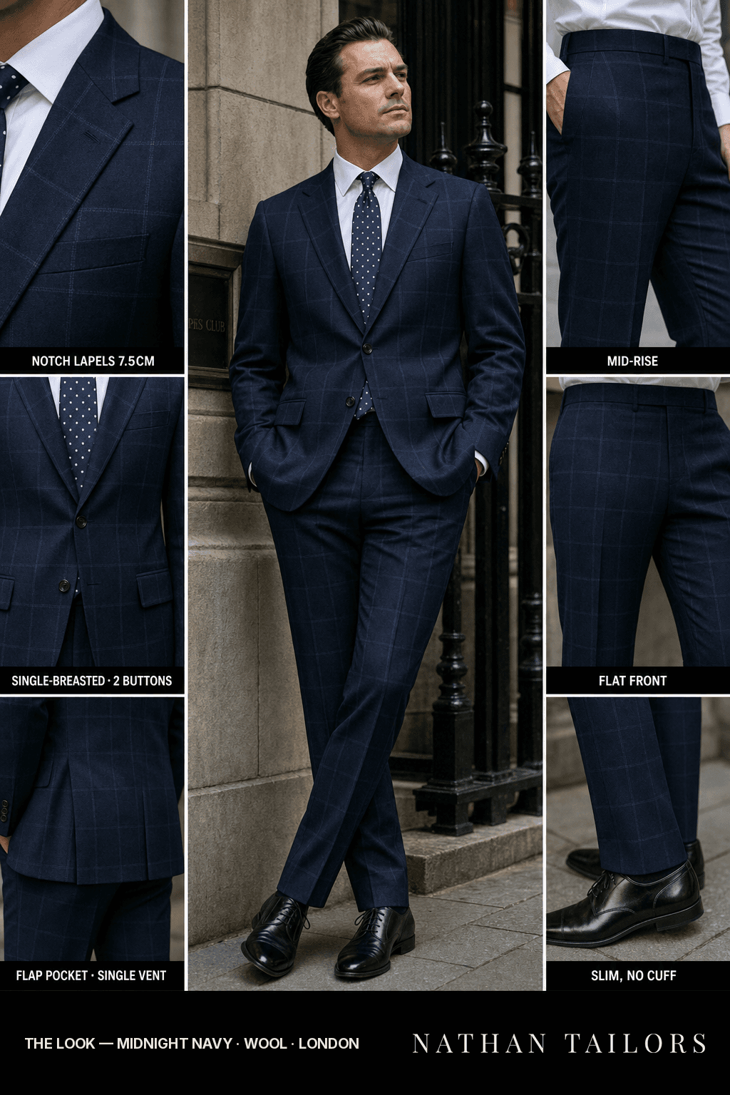 midnight navy windowpane single-breasted bespoke suit — custom tailored by Nathan Tailors, the Hoi An custom tailor