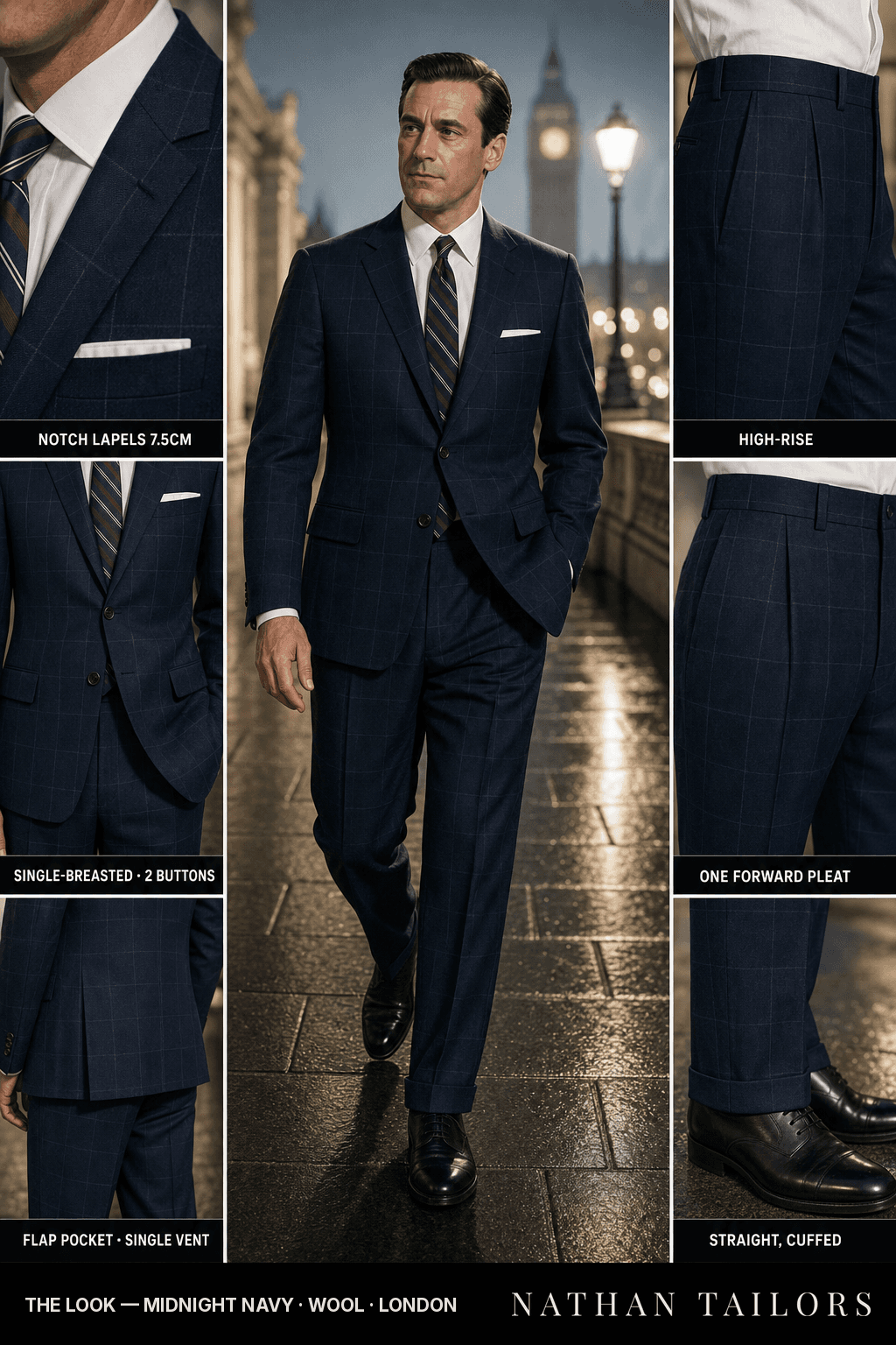 midnight navy windowpane single-breasted notch-lapel bespoke suit — AI-rendered by Nathan Tailors, the Hoi An custom tailor. Available as a custom tailored suit from $149.