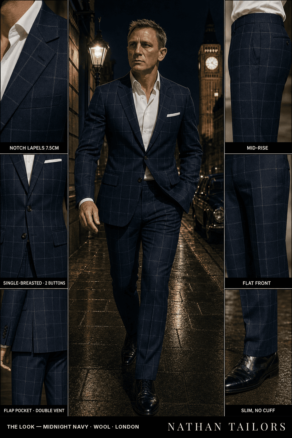 midnight navy windowpane single-breasted bespoke suit — custom tailored by Nathan Tailors, the Hoi An custom tailor