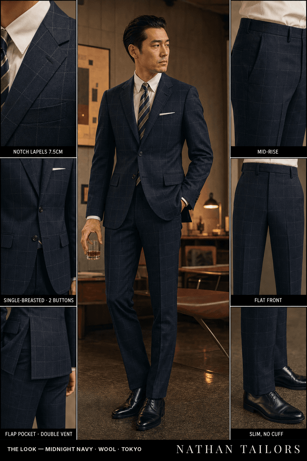 midnight navy windowpane single-breasted bespoke suit — custom tailored by Nathan Tailors, the Hoi An custom tailor