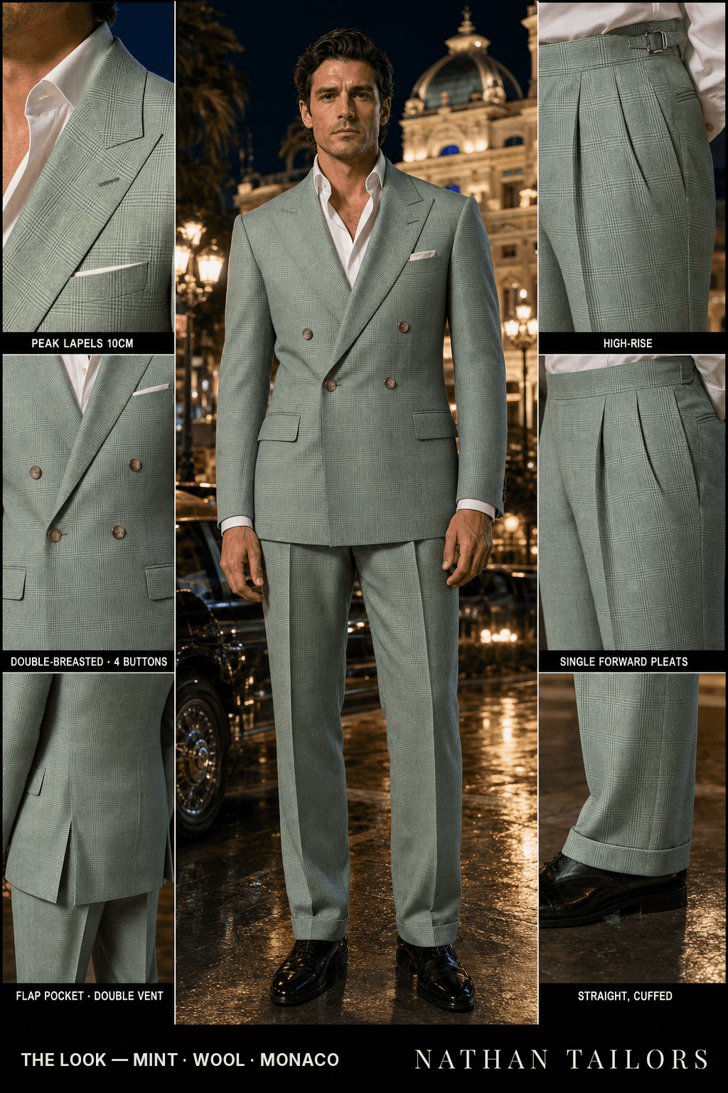 mint glen_plaid double-breasted bespoke suit — custom tailored by Nathan Tailors, the Hoi An custom tailor
