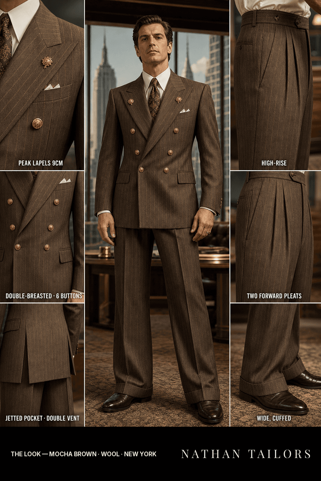 mocha brown pinstripe double-breasted bespoke suit — custom tailored by Nathan Tailors, the Hoi An custom tailor