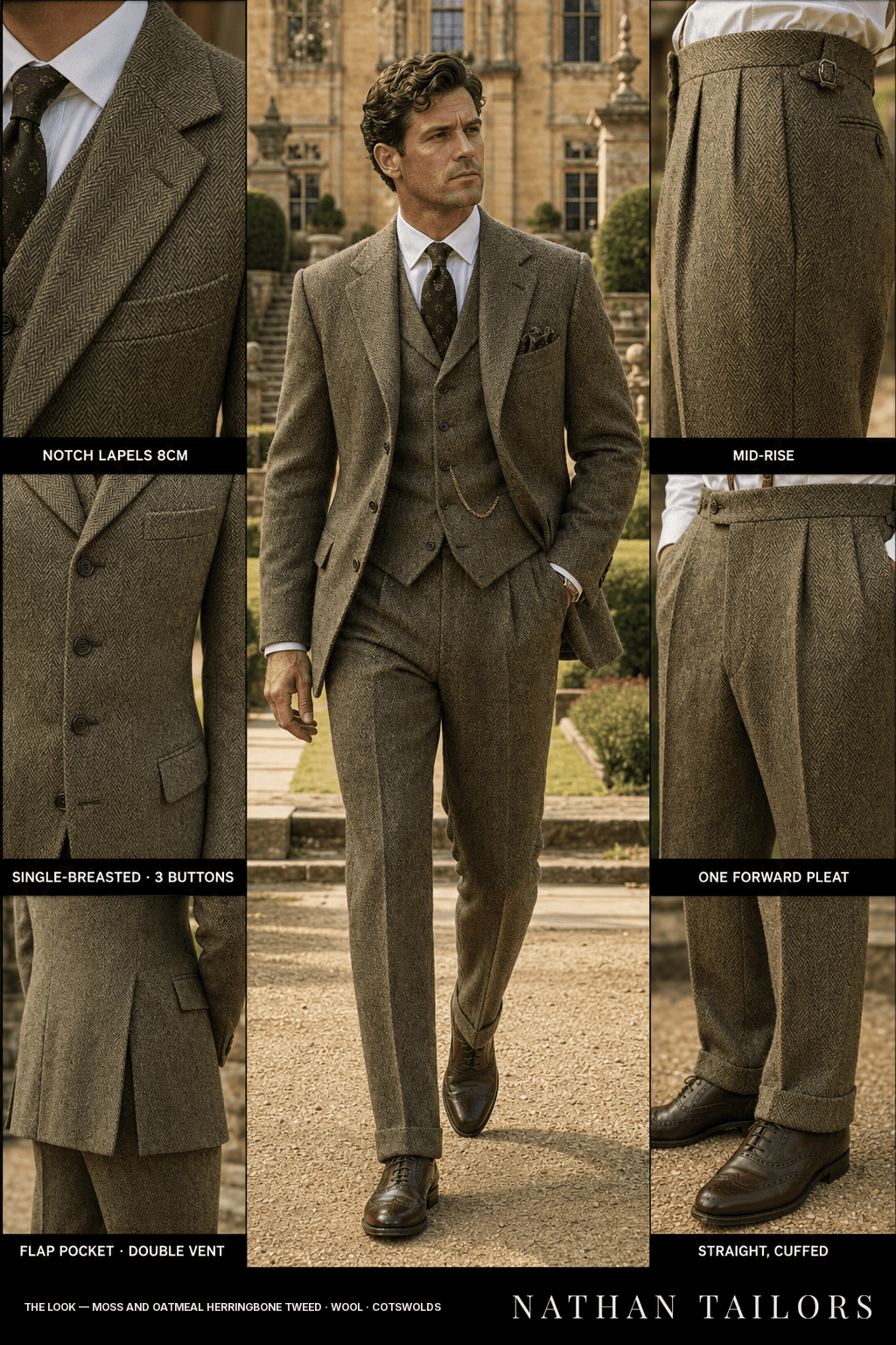 moss and oatmeal herringbone tweed herringbone single-breasted bespoke suit — custom tailored by Nathan Tailors, the Hoi An custom tailor