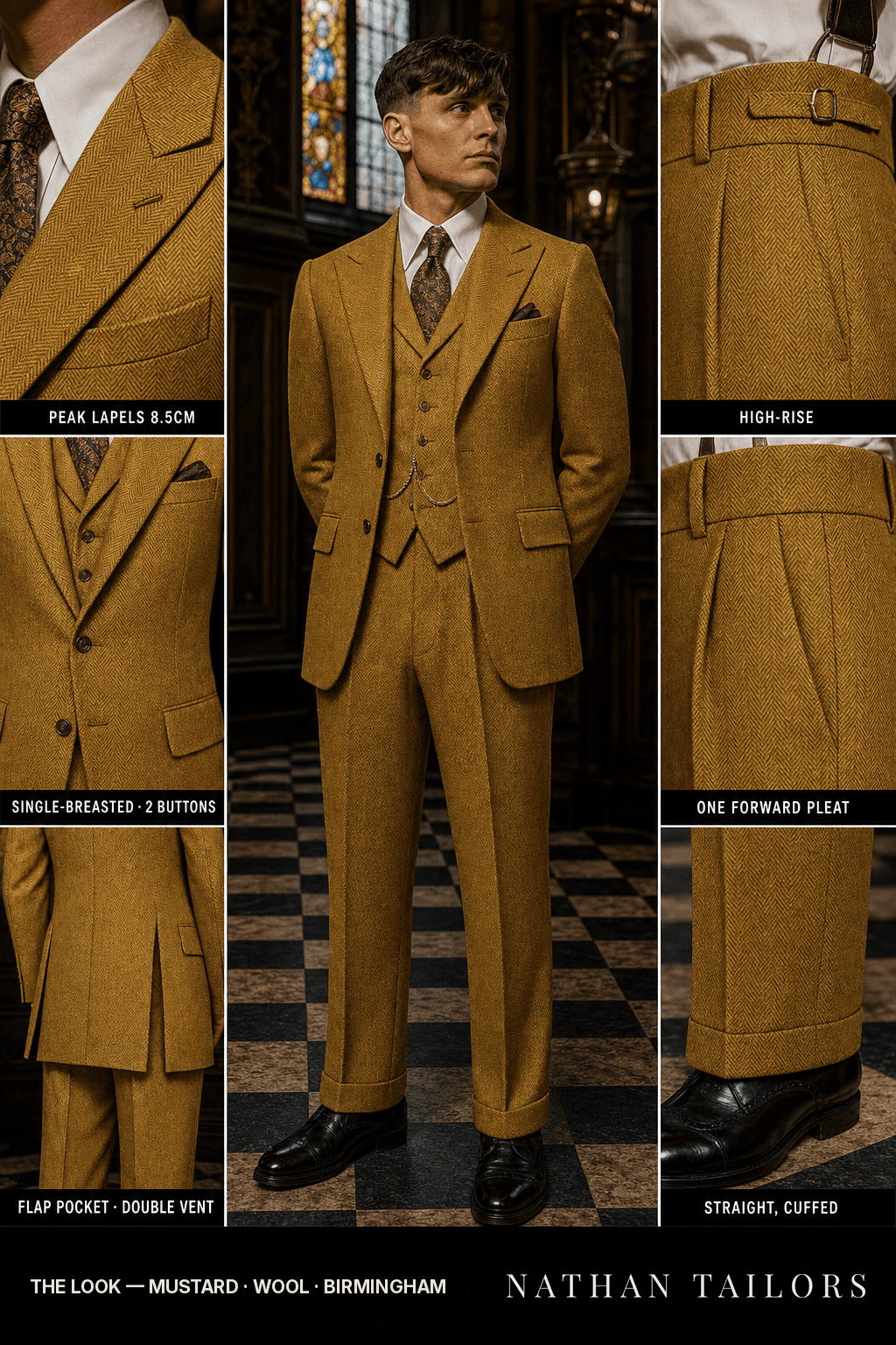 mustard herringbone single-breasted bespoke suit — custom tailored by Nathan Tailors, the Hoi An custom tailor