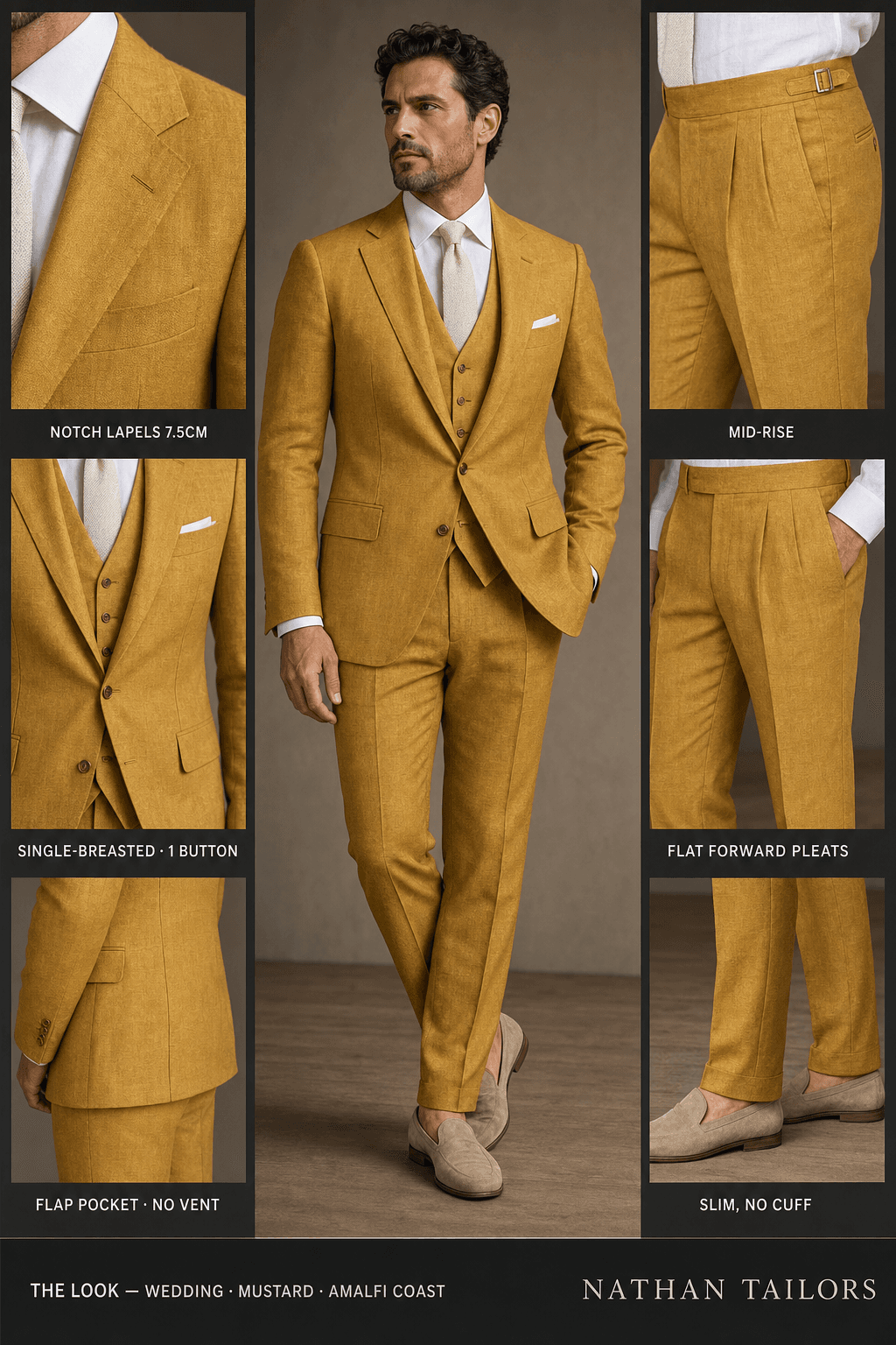 mustard single-breasted notch-lapel bespoke suit — AI-rendered by Nathan Tailors, the Hoi An custom tailor. Available as a custom tailored suit from $129.