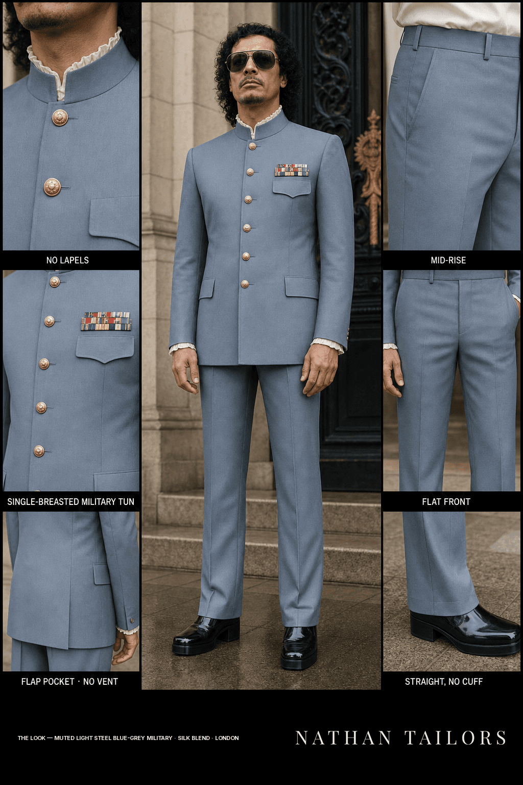 Muted light steel blue-grey military single-breasted bespoke suit — custom tailored by Nathan Tailors, the Hoi An custom tailor