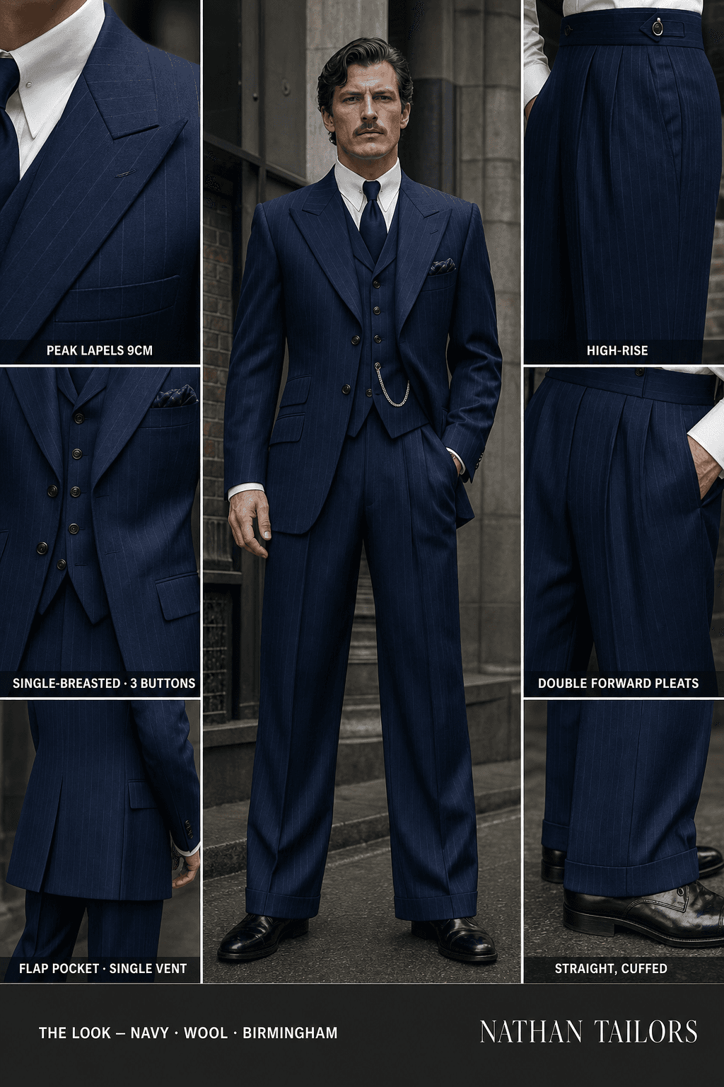 navy chalk stripe single-breasted peak-lapel bespoke suit — AI-rendered by Nathan Tailors, the Hoi An custom tailor. Available as a custom tailored suit from $149.