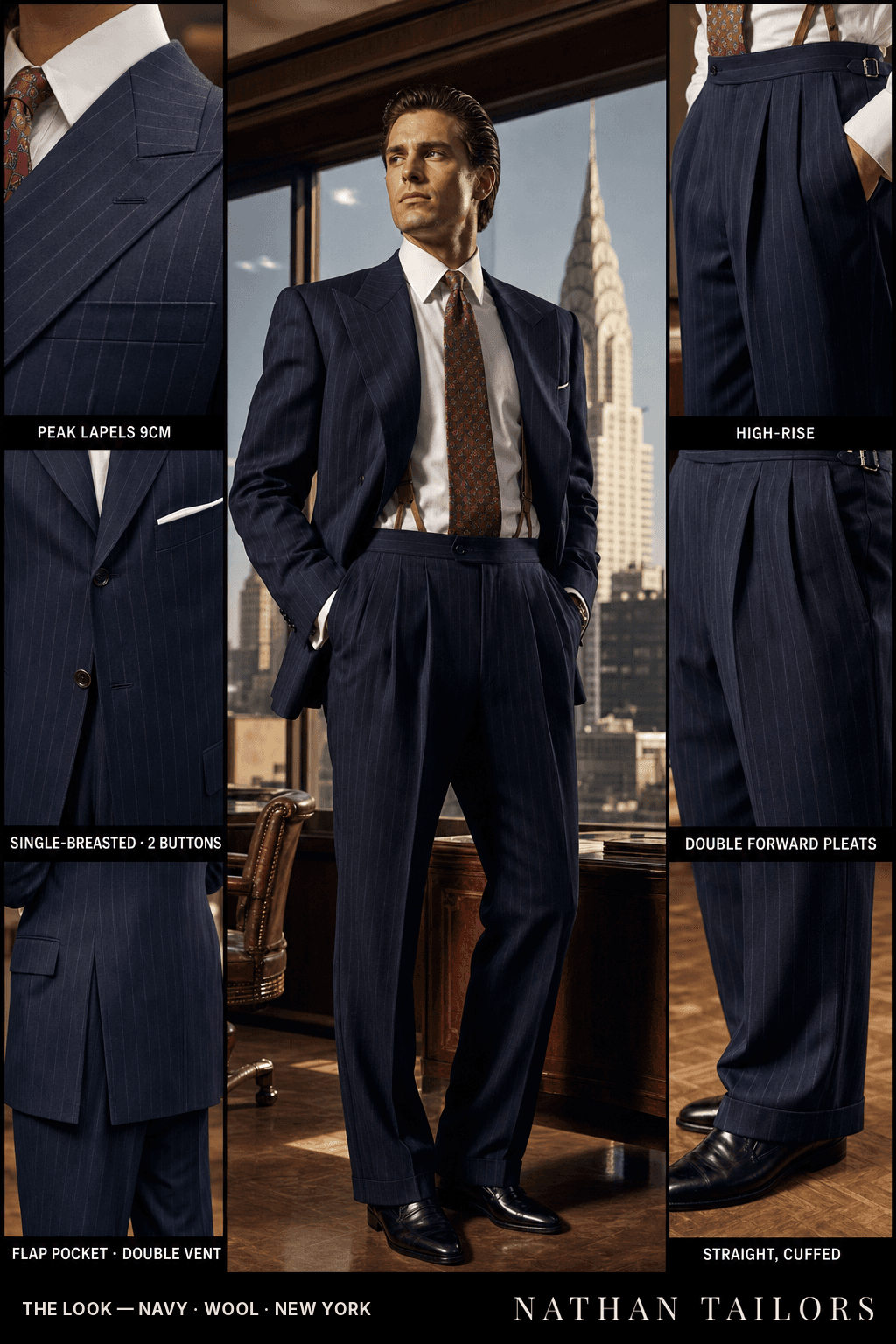 navy pinstripe single-breasted peak-lapel bespoke suit — AI-rendered by Nathan Tailors, the Hoi An custom tailor. Available as a custom tailored suit from $149.
