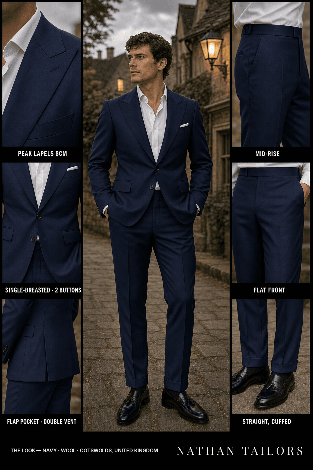 navy single-breasted peak-lapel bespoke suit — AI-rendered by Nathan Tailors, the Hoi An custom tailor. Available as a custom tailored suit from $149.