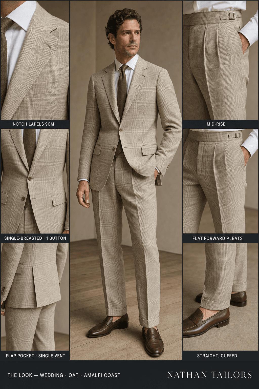 oat glen plaid single-breasted notch-lapel bespoke suit — AI-rendered by Nathan Tailors, the Hoi An custom tailor. Available as a custom tailored suit from $129.