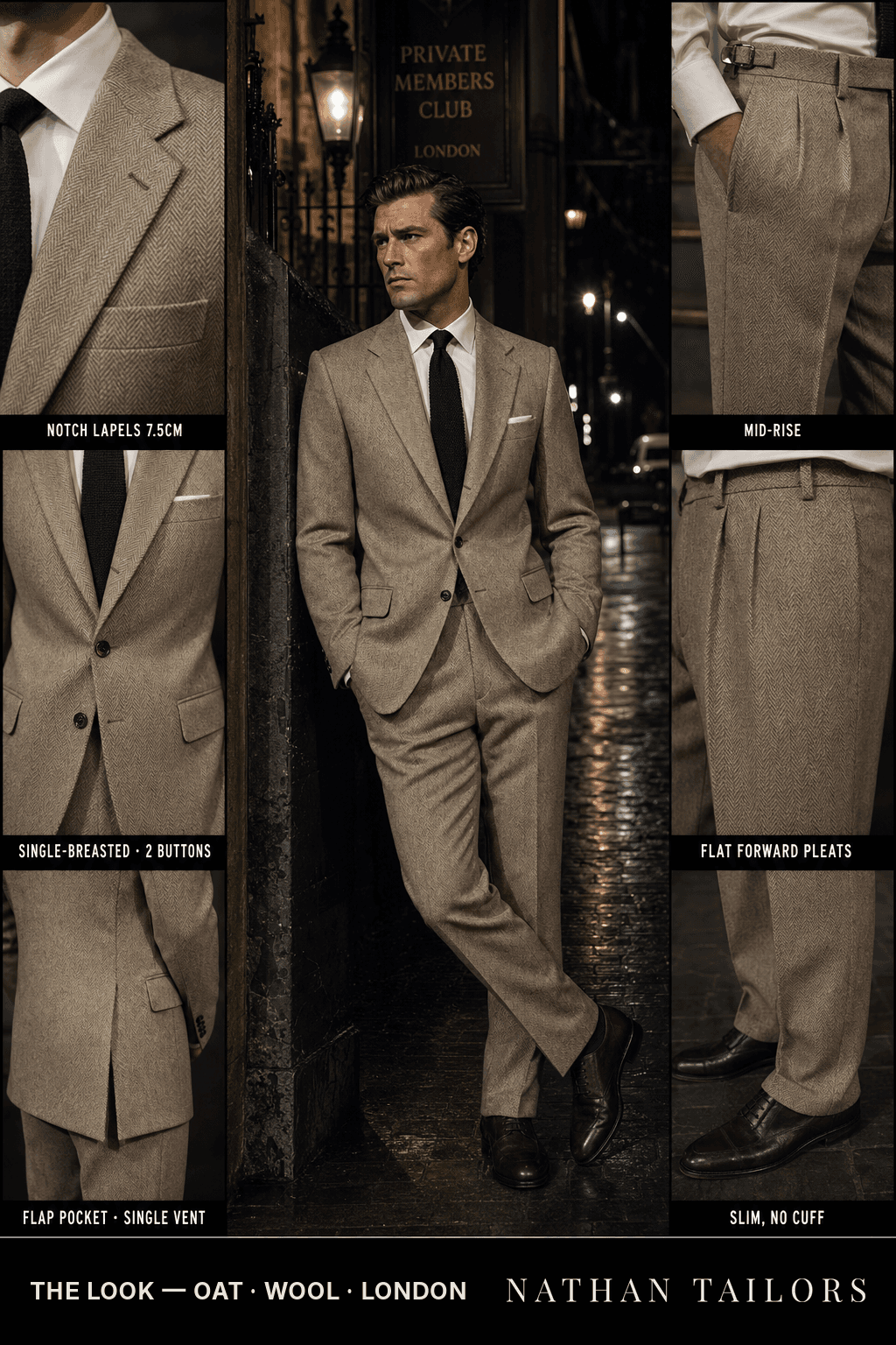 oat herringbone single-breasted bespoke suit — custom tailored by Nathan Tailors, the Hoi An custom tailor