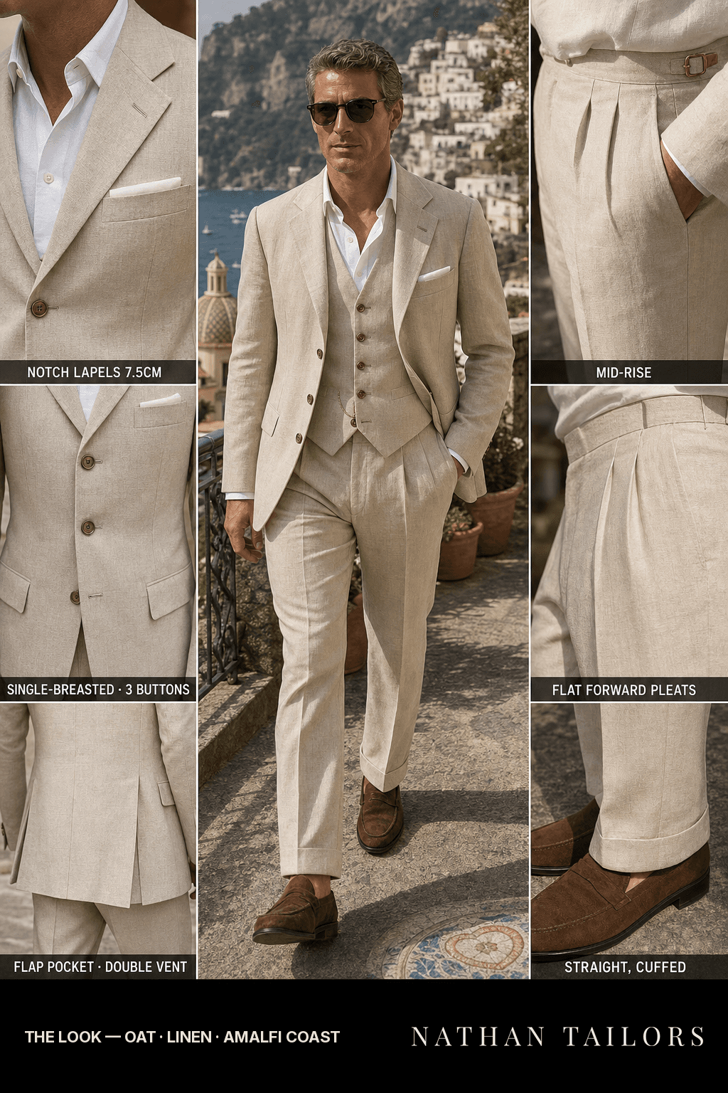 oat single-breasted notch-lapel bespoke suit — AI-rendered by Nathan Tailors, the Hoi An custom tailor. Available as a custom tailored suit from $149.