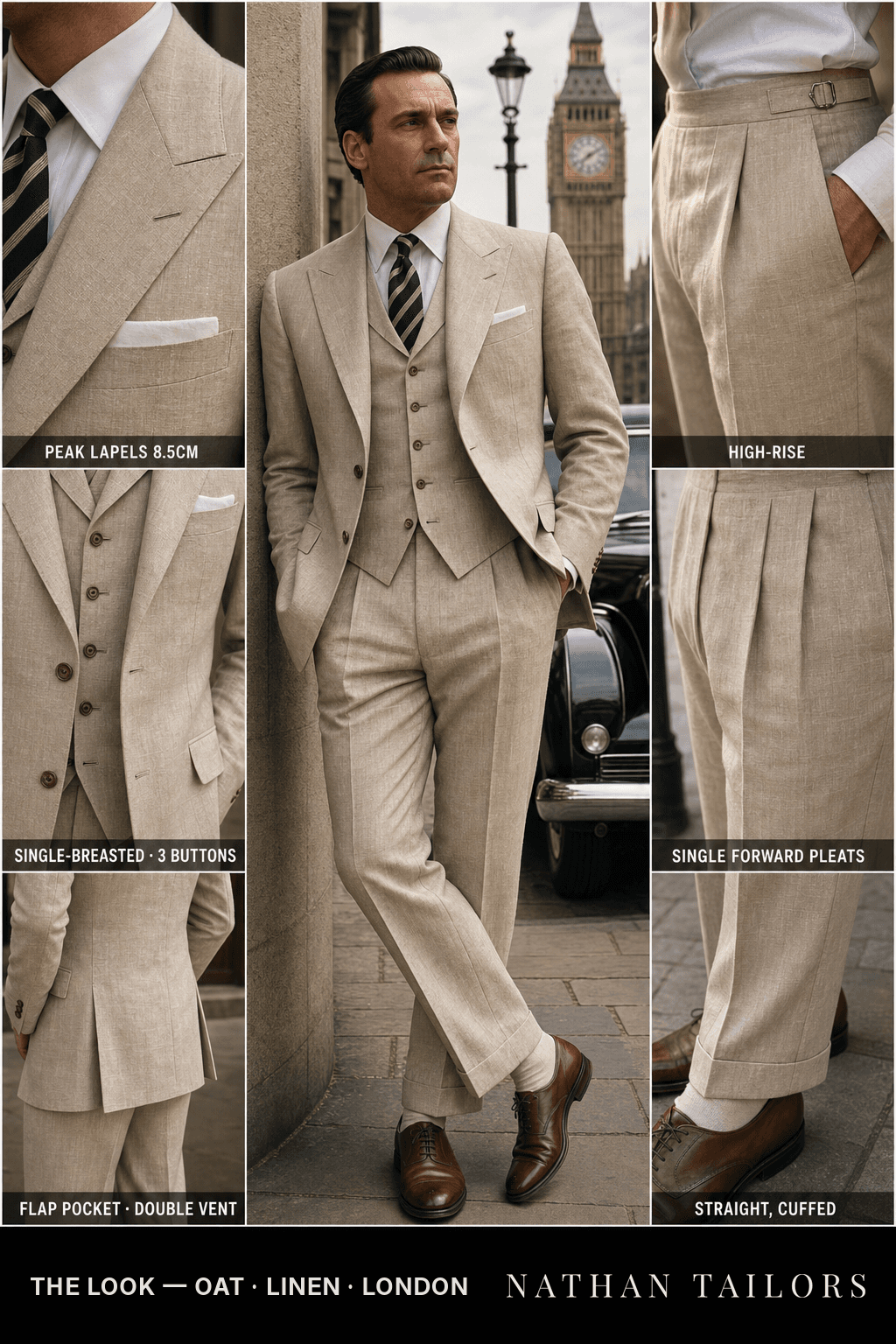 oat single-breasted peak-lapel bespoke suit — AI-rendered by Nathan Tailors, the Hoi An custom tailor. Available as a custom tailored suit from $149.