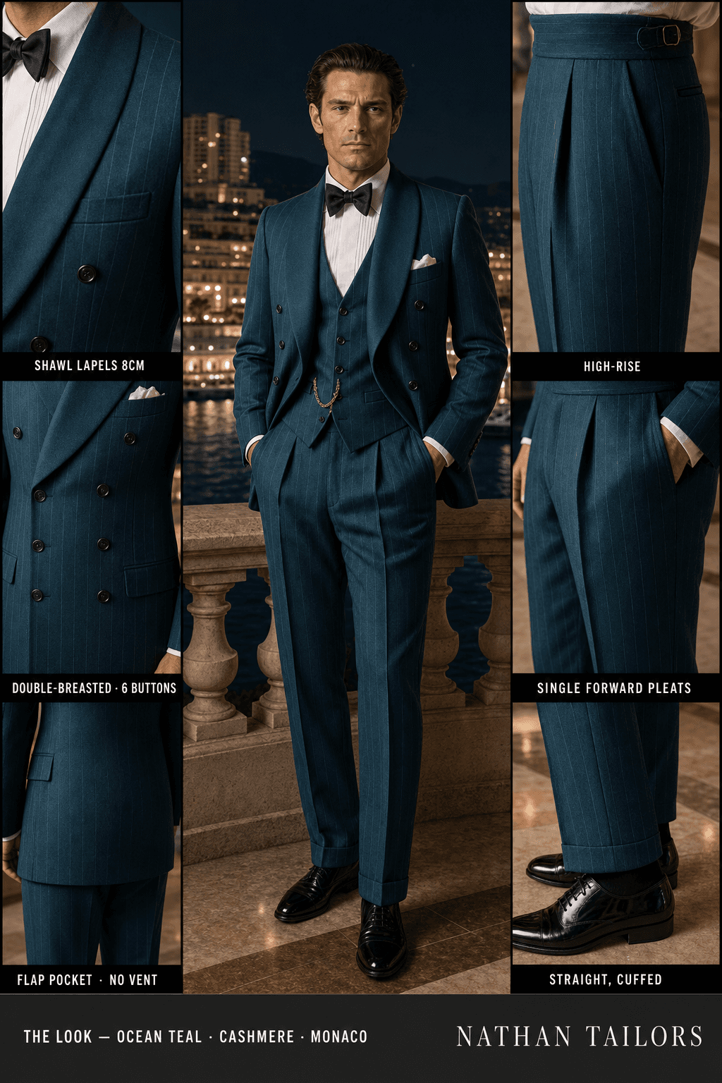 ocean teal chalk_stripe double-breasted bespoke suit — custom tailored by Nathan Tailors, the Hoi An custom tailor
