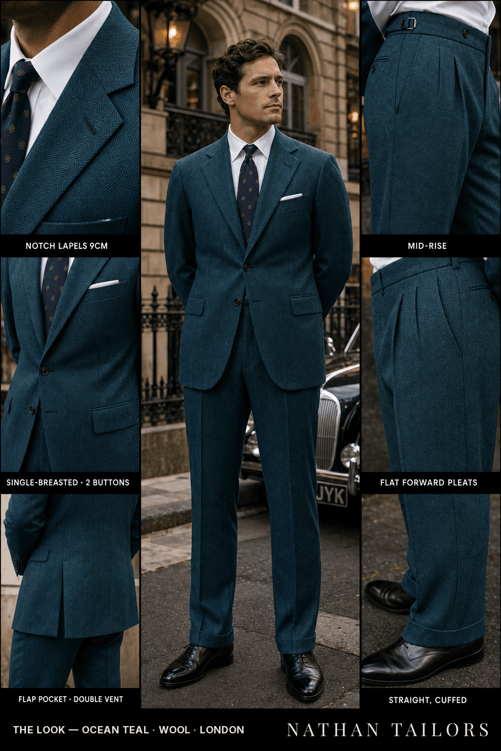 ocean teal herringbone single-breasted bespoke suit — custom tailored by Nathan Tailors, the Hoi An custom tailor