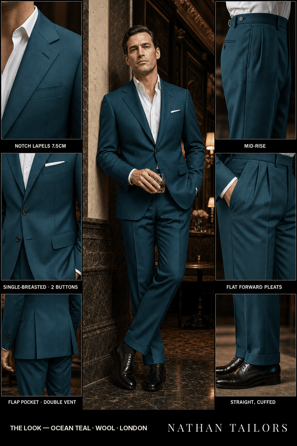 ocean teal single-breasted notch-lapel bespoke suit — AI-rendered by Nathan Tailors, the Hoi An custom tailor. Available as a custom tailored suit from $149.