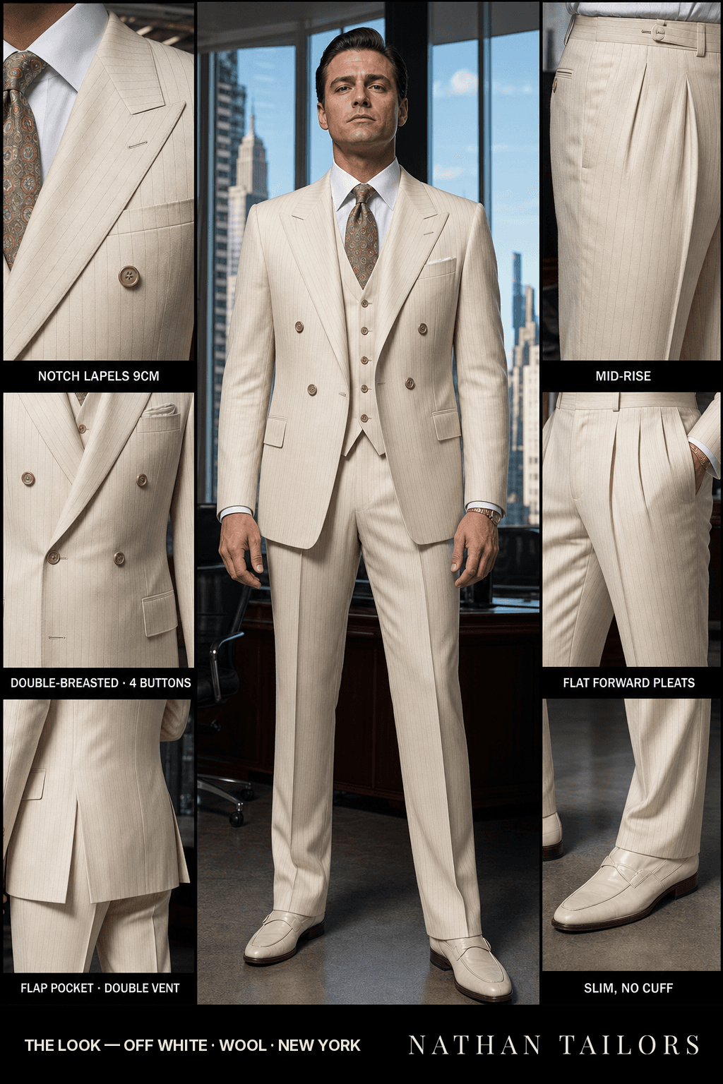 off white pinstripe double-breasted bespoke suit — custom tailored by Nathan Tailors, the Hoi An custom tailor