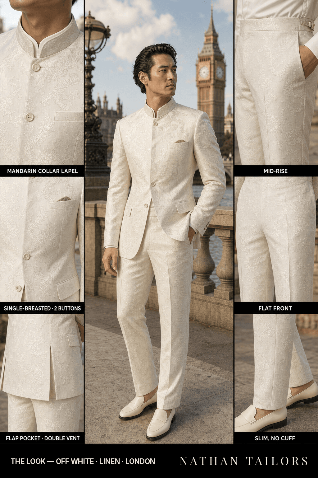 off white single-breasted bespoke suit — custom tailored by Nathan Tailors, the Hoi An custom tailor