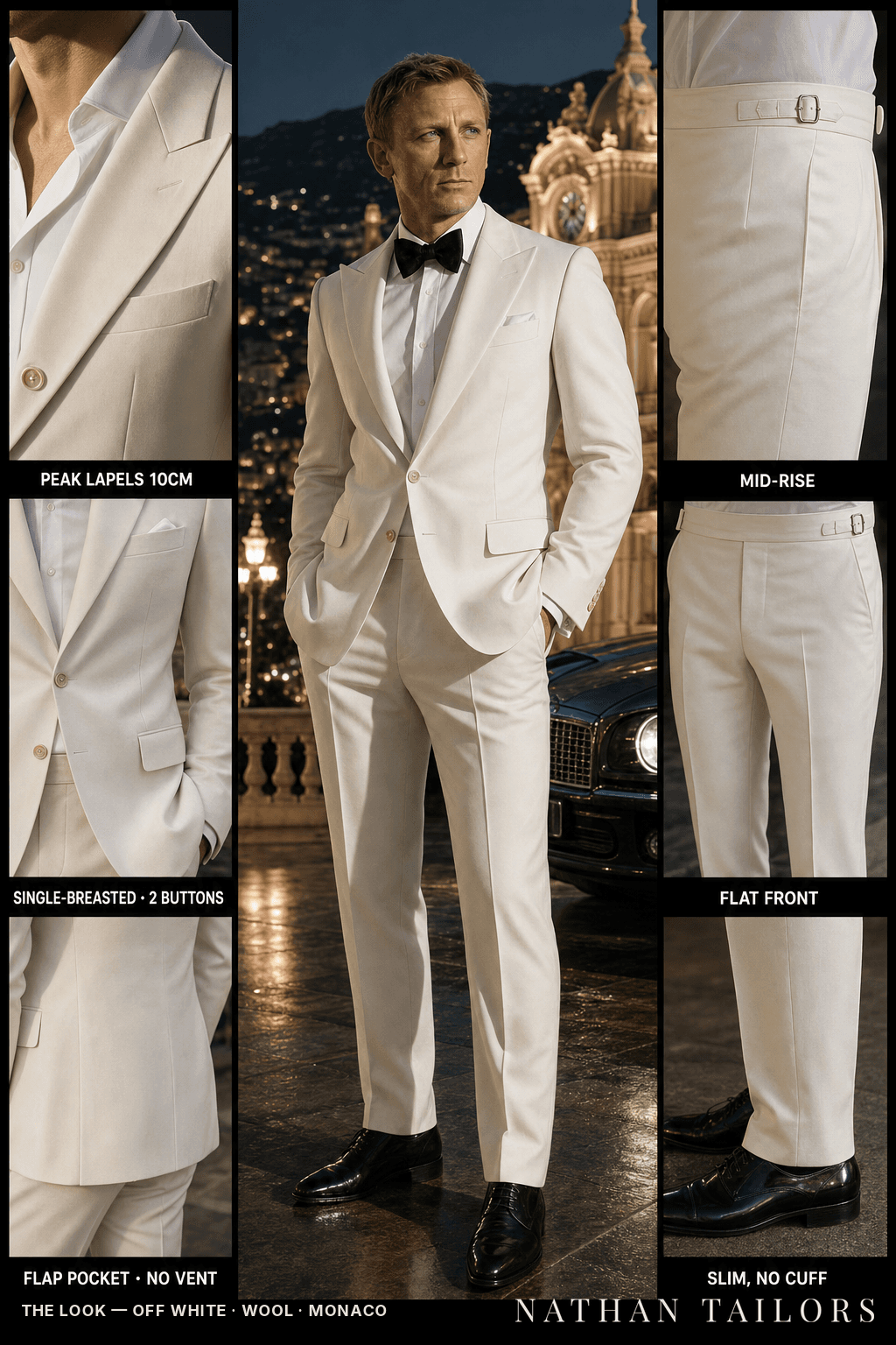 off white single-breasted peak-lapel bespoke suit — AI-rendered by Nathan Tailors, the Hoi An custom tailor. Available as a custom tailored suit from $149.