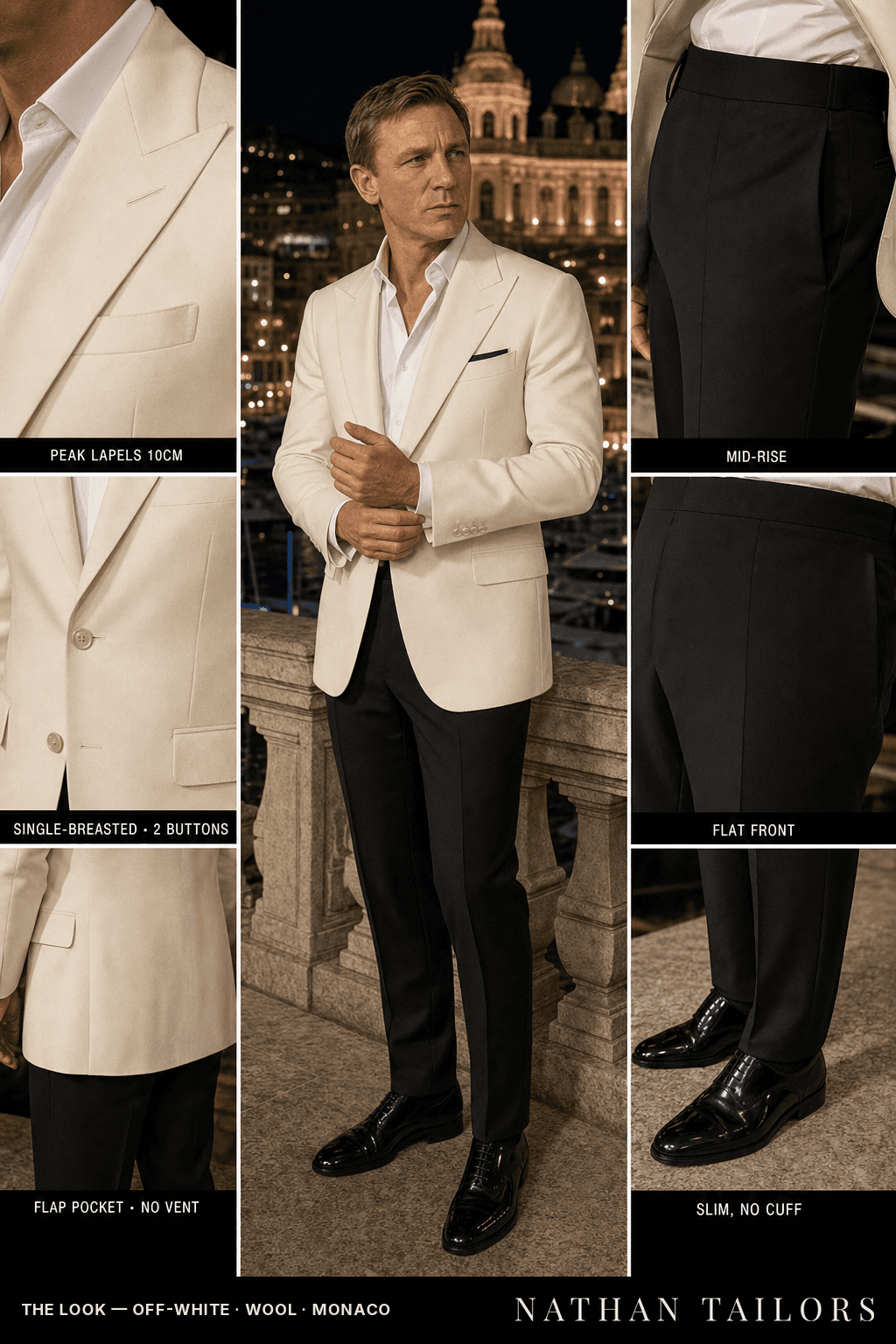 off-white single-breasted bespoke suit — custom tailored by Nathan Tailors, the Hoi An custom tailor