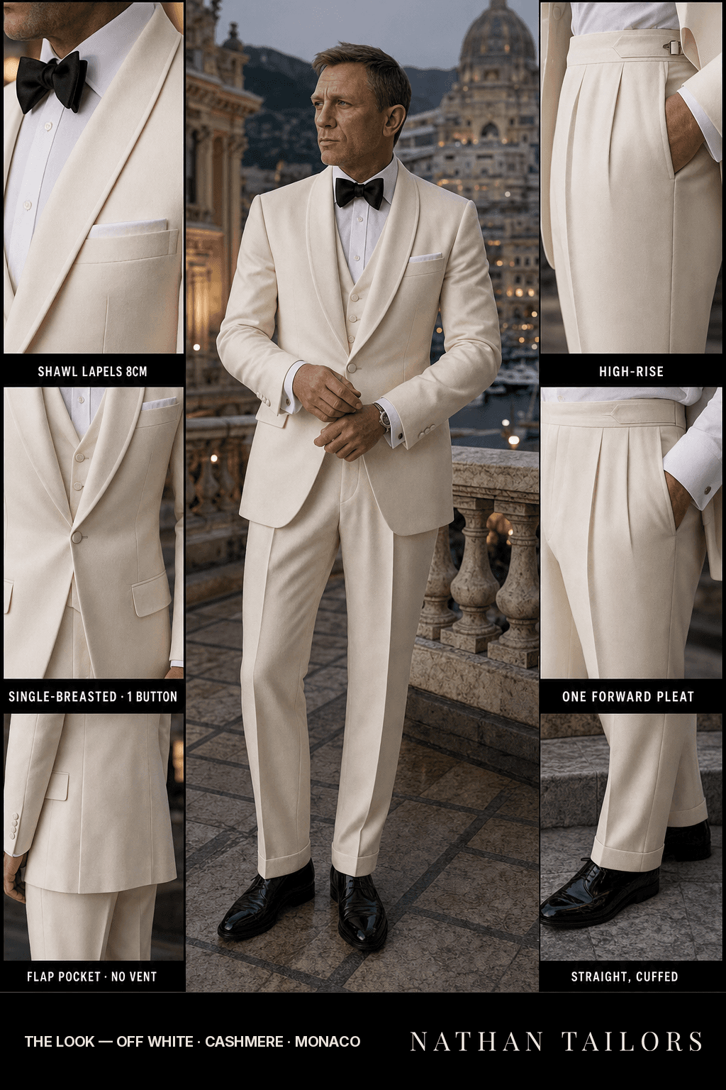 off white single-breasted shawl-lapel bespoke suit — AI-rendered by Nathan Tailors, the Hoi An custom tailor. Available as a custom tailored suit from $149.