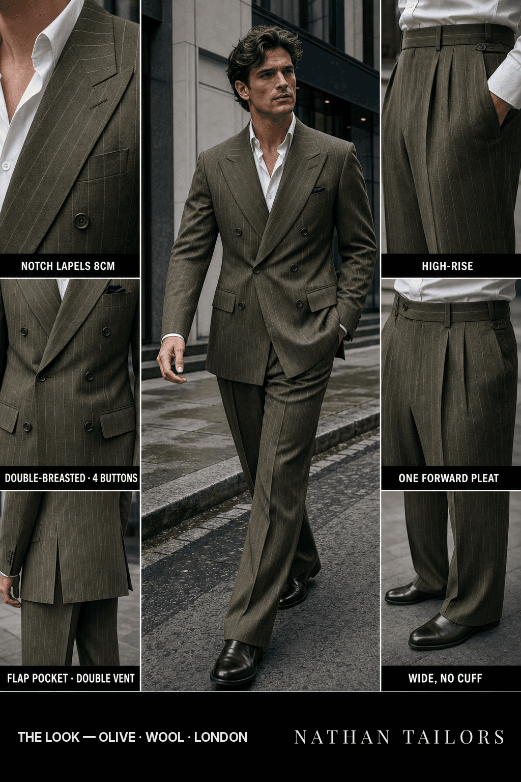 olive chalk_stripe double-breasted bespoke suit — custom tailored by Nathan Tailors, the Hoi An custom tailor