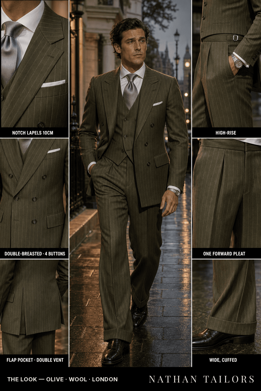 olive chalk_stripe double-breasted bespoke suit — custom tailored by Nathan Tailors, the Hoi An custom tailor