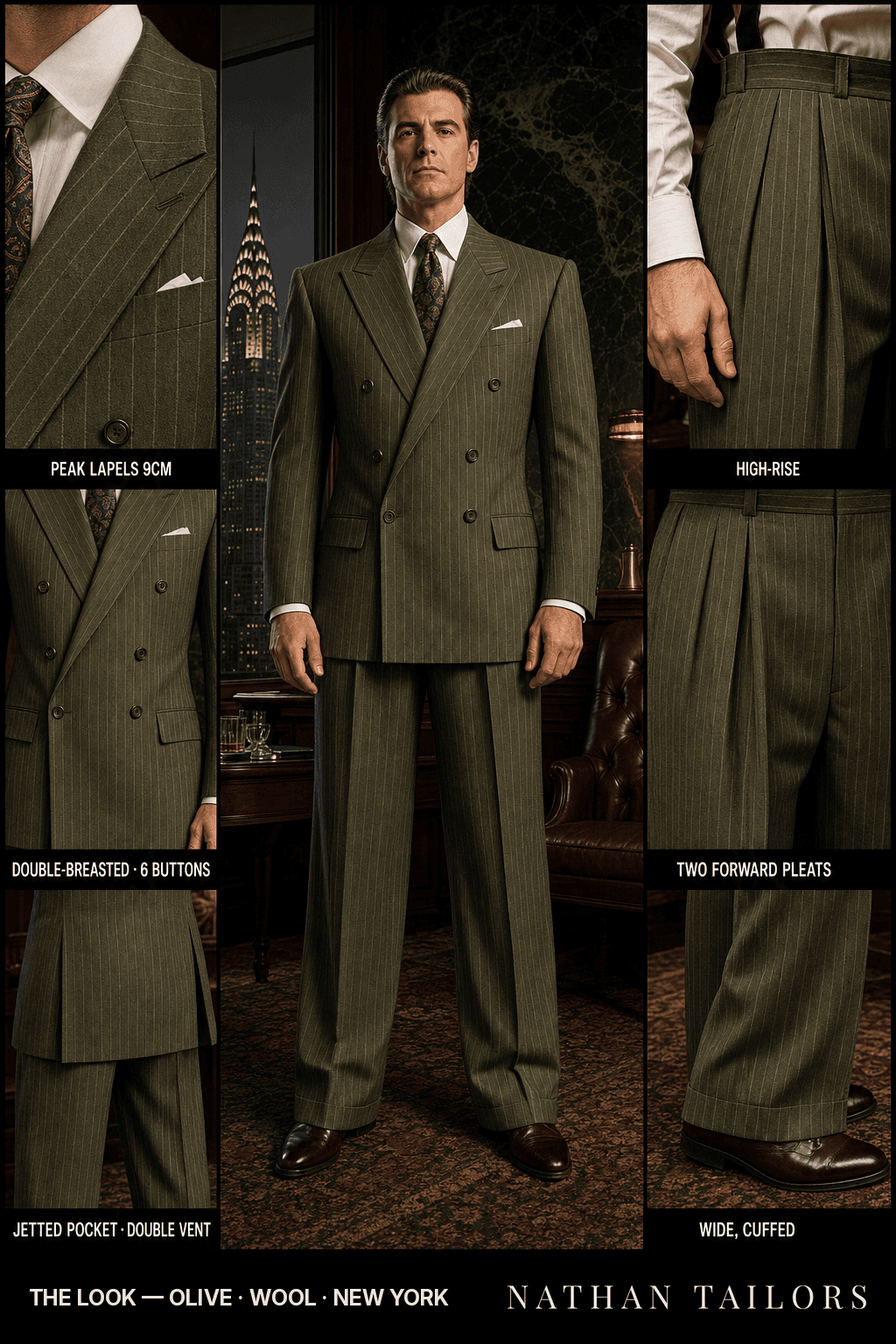 olive chalk_stripe double-breasted bespoke suit — custom tailored by Nathan Tailors, the Hoi An custom tailor