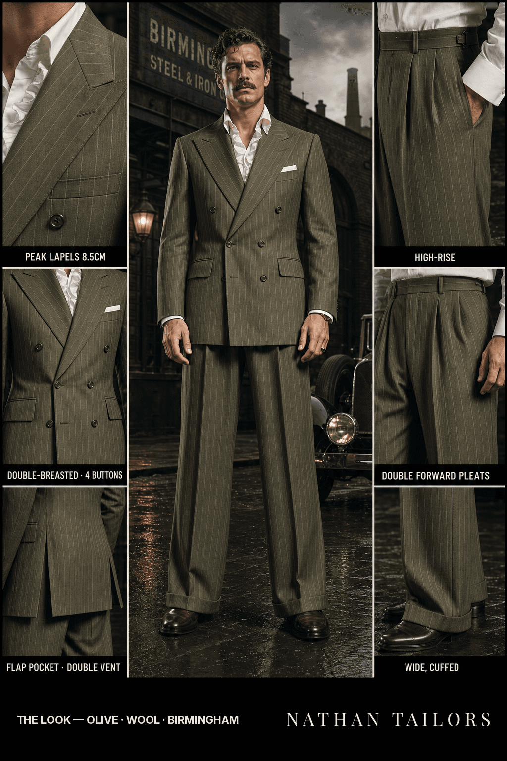 olive chalk_stripe double-breasted bespoke suit — custom tailored by Nathan Tailors, the Hoi An custom tailor