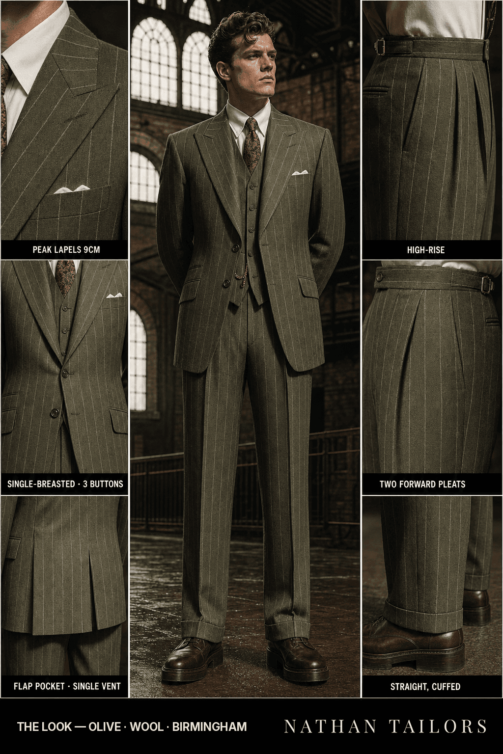 olive chalk_stripe single-breasted bespoke suit — custom tailored by Nathan Tailors, the Hoi An custom tailor