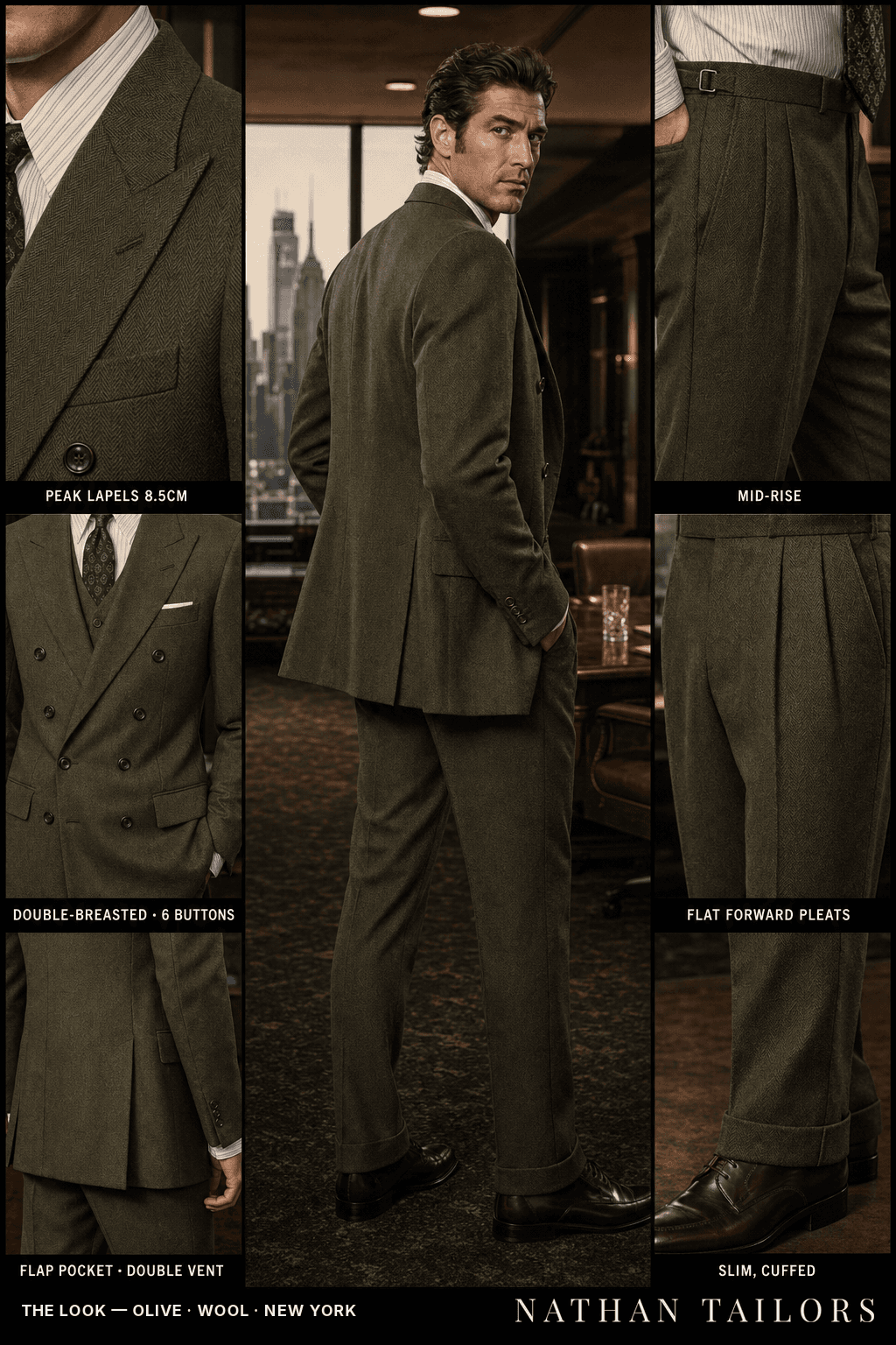 olive herringbone double-breasted bespoke suit — custom tailored by Nathan Tailors, the Hoi An custom tailor