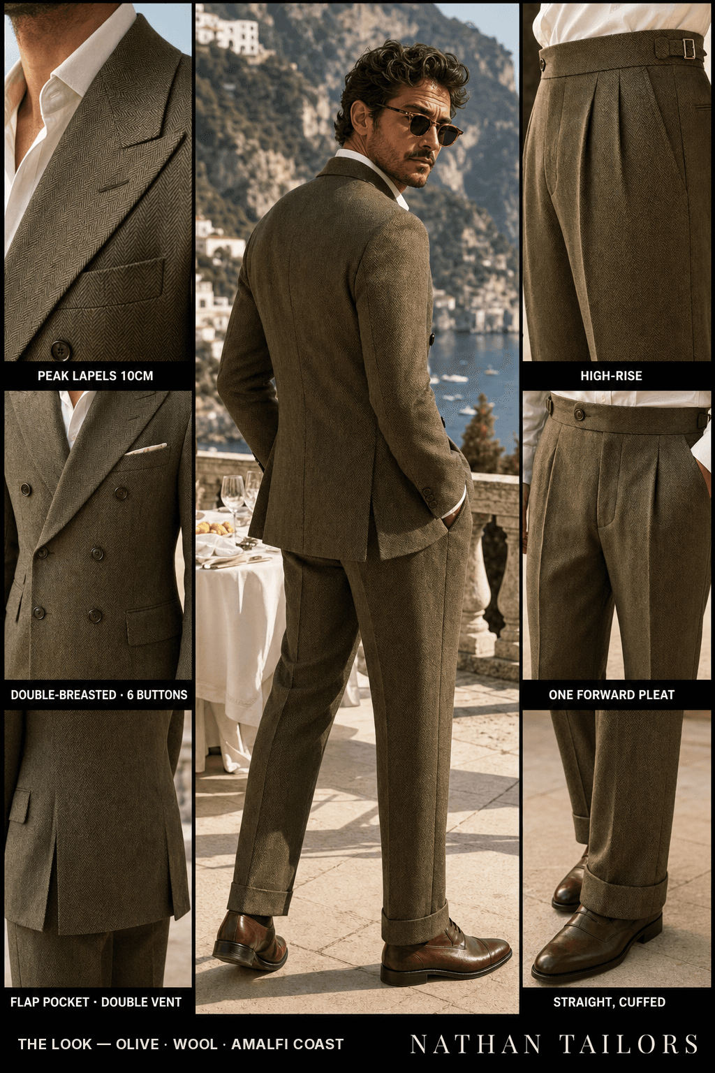 olive herringbone double-breasted peak-lapel bespoke suit — AI-rendered by Nathan Tailors, the Hoi An custom tailor. Available as a custom tailored suit from $149.