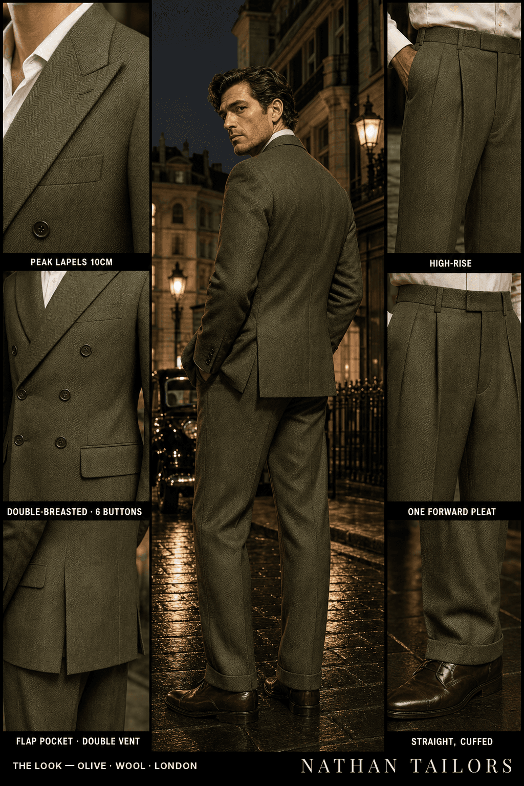 olive herringbone double-breasted peak-lapel bespoke suit — AI-rendered by Nathan Tailors, the Hoi An custom tailor. Available as a custom tailored suit from $149.