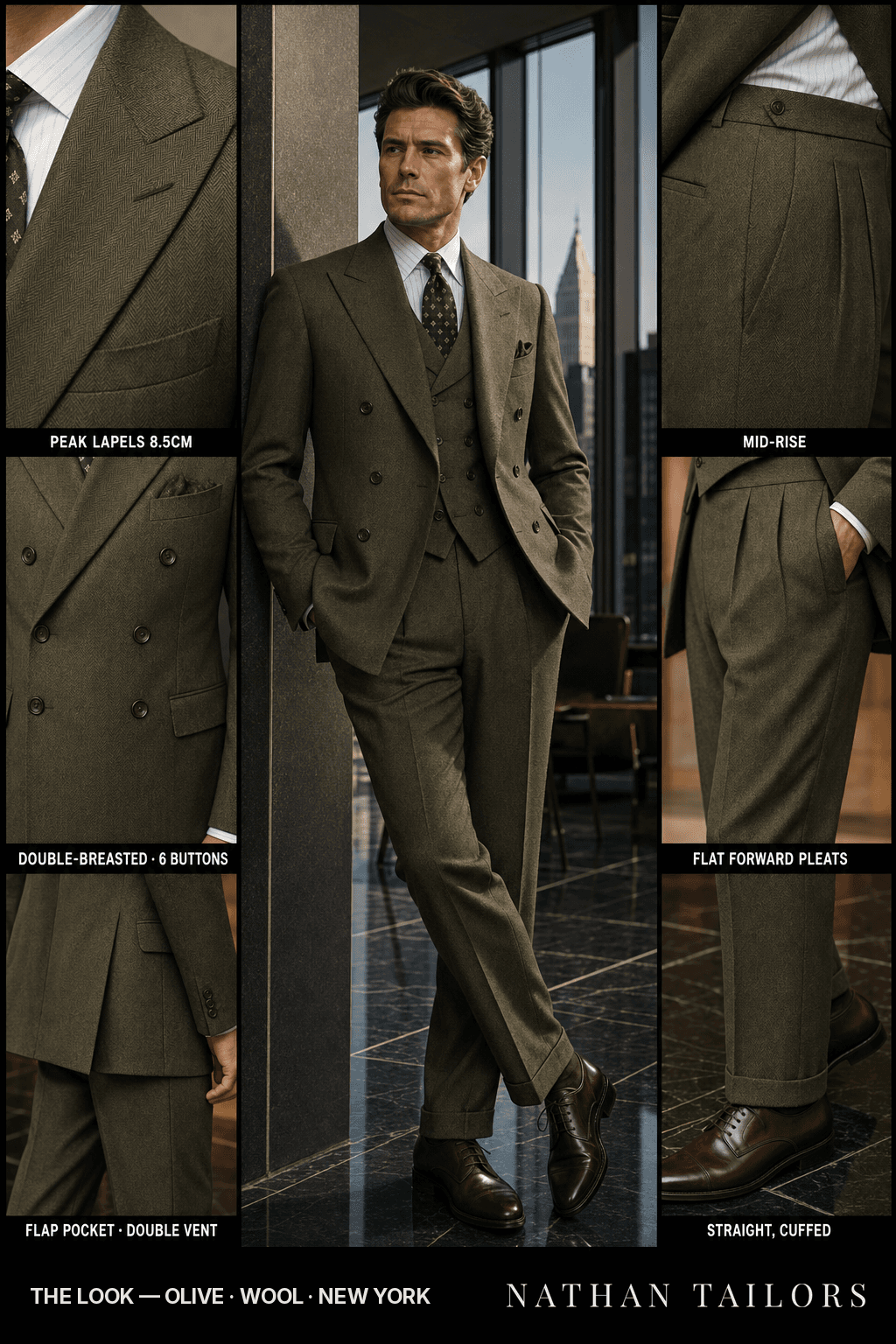 olive herringbone double-breasted peak-lapel bespoke suit — AI-rendered by Nathan Tailors, the Hoi An custom tailor. Available as a custom tailored suit from $149.