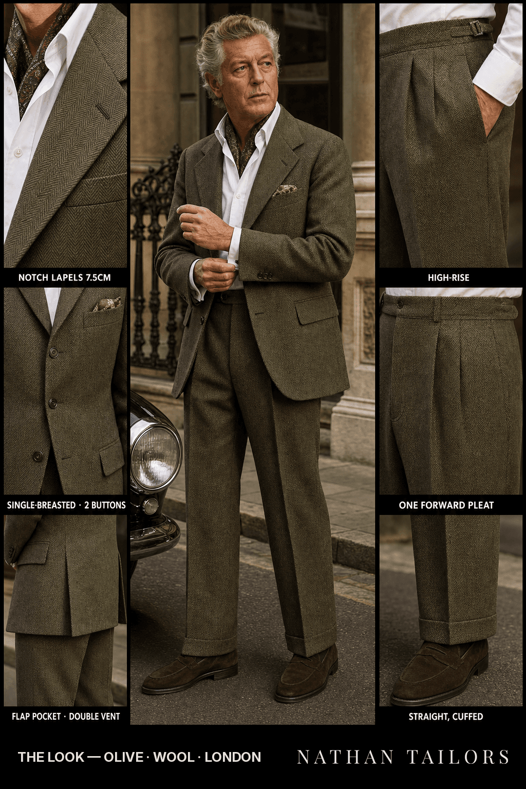 olive herringbone single-breasted notch-lapel bespoke suit — AI-rendered by Nathan Tailors, the Hoi An custom tailor. Available as a custom tailored suit from $149.