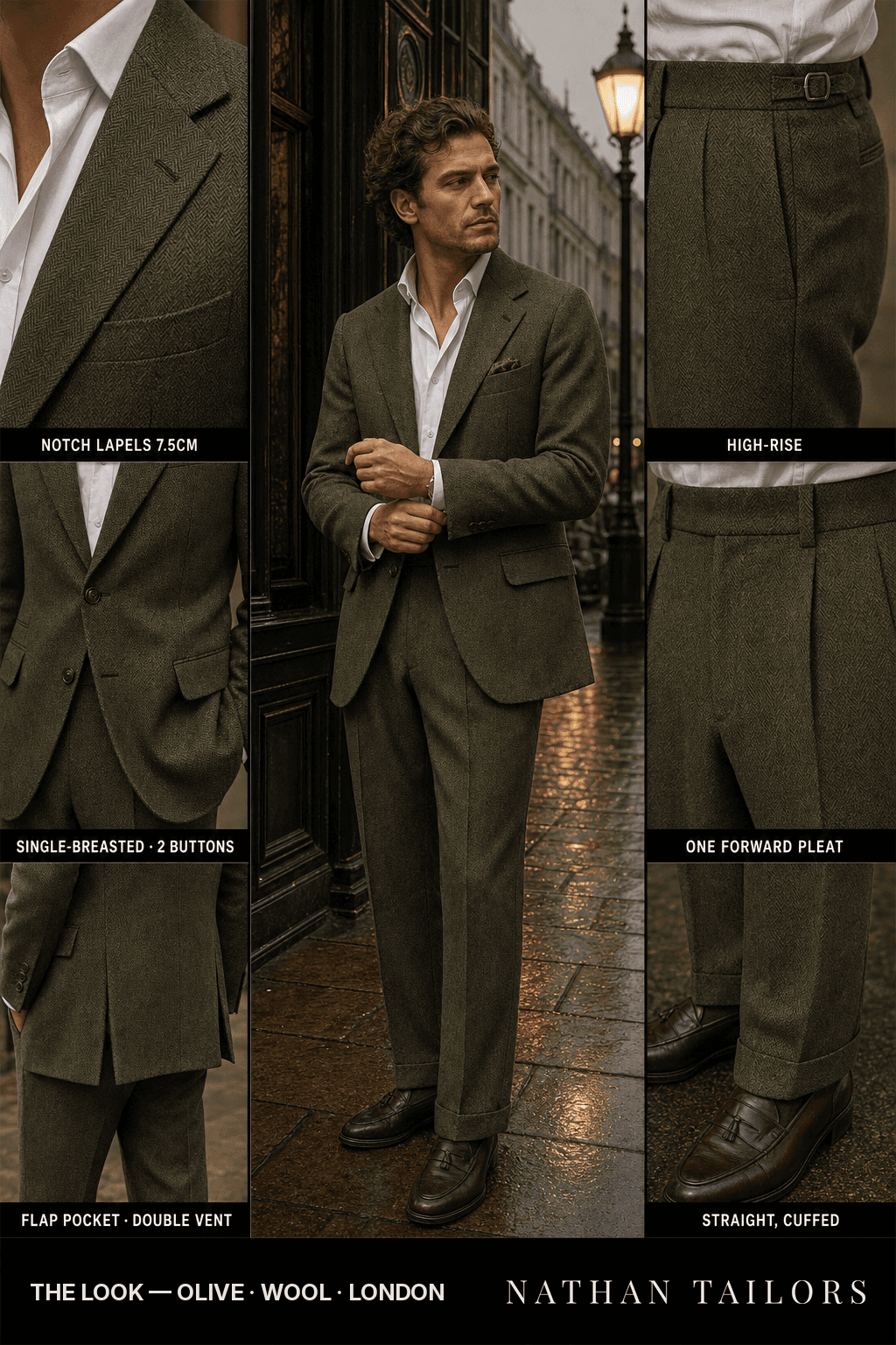 olive herringbone single-breasted notch-lapel bespoke suit — AI-rendered by Nathan Tailors, the Hoi An custom tailor. Available as a custom tailored suit from $149.