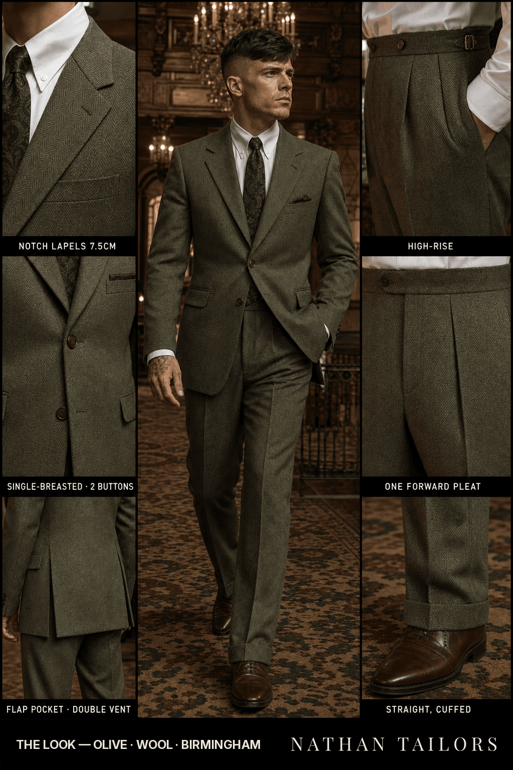 olive herringbone single-breasted notch-lapel bespoke suit — AI-rendered by Nathan Tailors, the Hoi An custom tailor. Available as a custom tailored suit from $149.