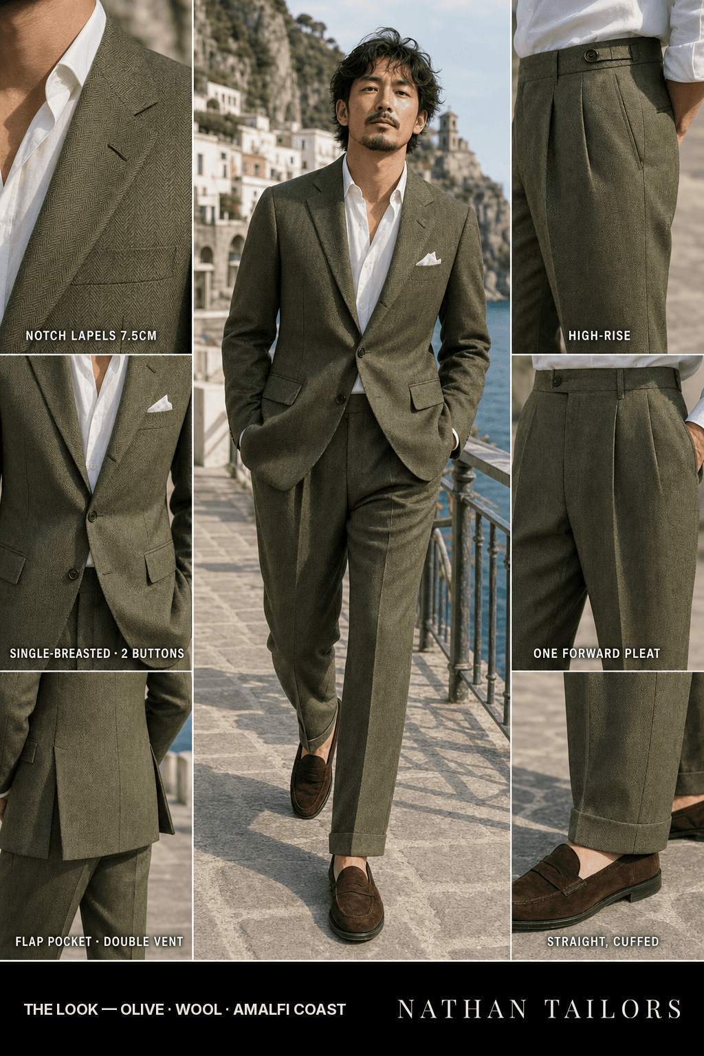 olive herringbone single-breasted bespoke suit — custom tailored by Nathan Tailors, the Hoi An custom tailor