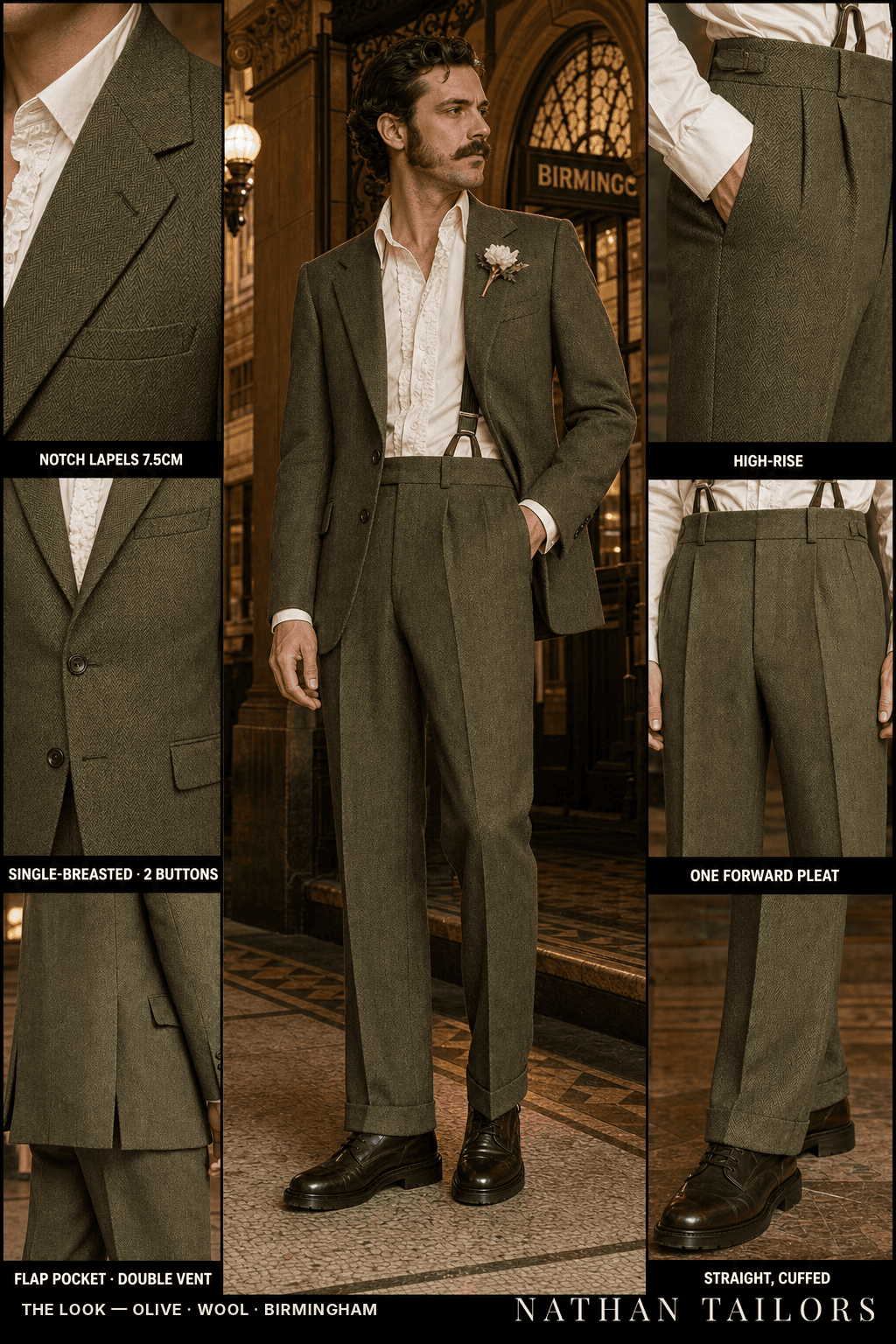 olive herringbone single-breasted notch-lapel bespoke suit — AI-rendered by Nathan Tailors, the Hoi An custom tailor. Available as a custom tailored suit from $149.