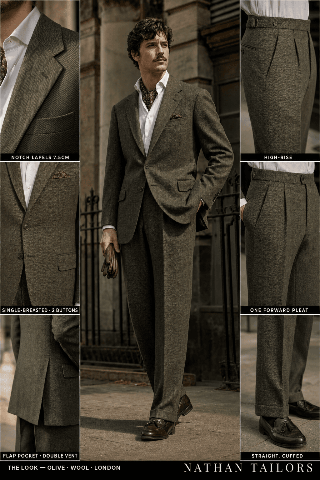 olive herringbone single-breasted notch-lapel bespoke suit — AI-rendered by Nathan Tailors, the Hoi An custom tailor. Available as a custom tailored suit from $149.